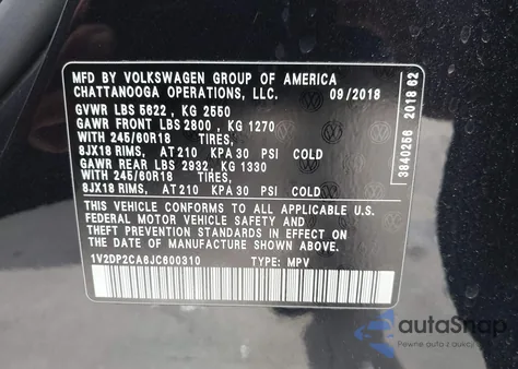 2018 Volkswagen Atlas 2.0T Se/2.0T Se W/Technology from USA, damaged, VIN 1V2DP2CA6JC600310